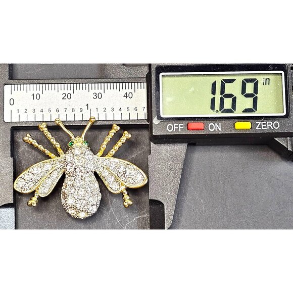 Vintage Rhinestone & Gold-Tone Bee Insect Brooch With Green Eyes - Picture 6 of 7